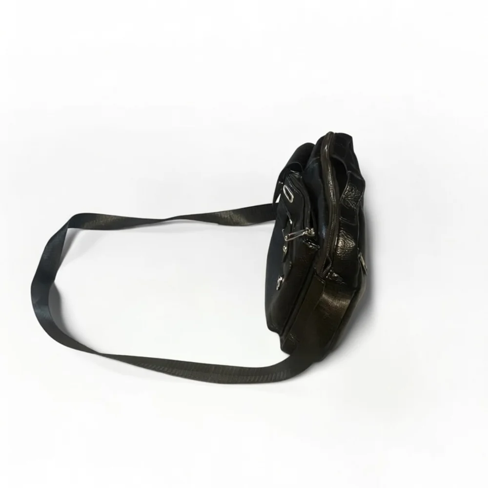 Black Men's Leather-Look Messenger Bag - Compact Crossbody